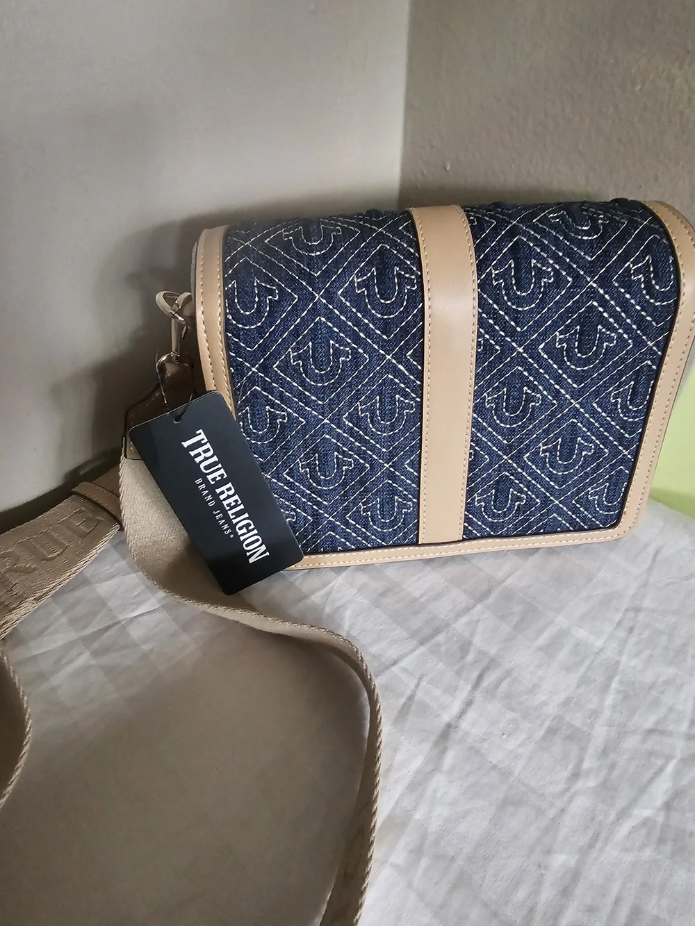 True Religion Denim Quilted Crossbody with Beige Trim